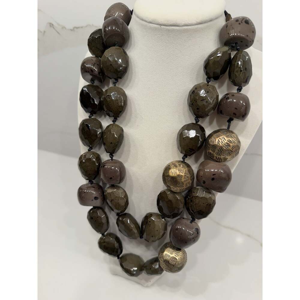 Chico’s Chunky Double Strand Beaded Statement Necklace Brown Gold Boho - Picture 4 of 10